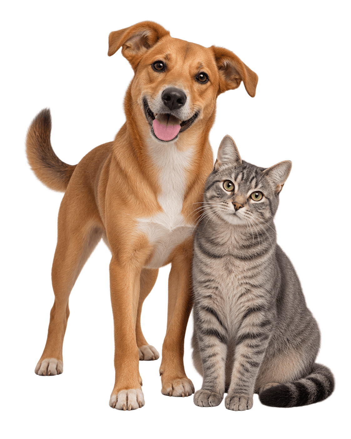 Cão caramelo e gato tigrado juntos